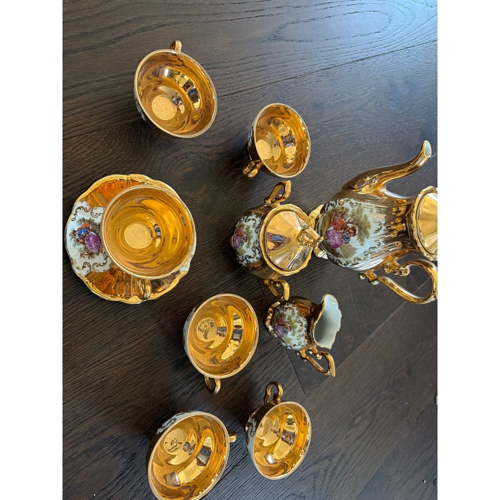Vintage German Porcelain Demitasse Coffee Tea Set Gold Gilt Romantic Scene 15pc